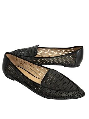 Franco Sarto Black Leather Perforated Flat Pointed Toe Soho Shoes Size 8.5